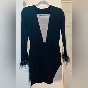 Ladies Feathered Long-Sleeved Black Bodycon Party Dress